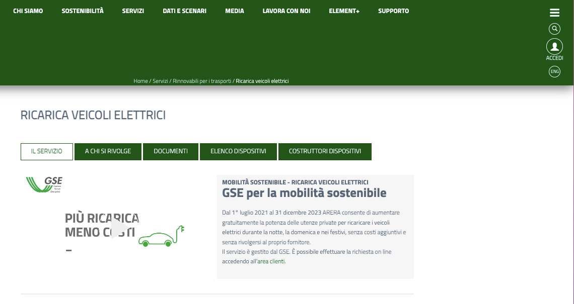 Screenshot pagina ricarica veicoli elettrici